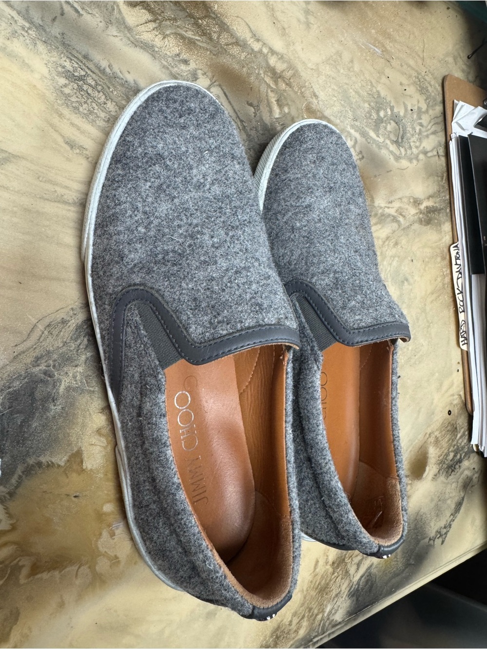 Jimmy Choo Women’s Grey Felt Slip-On Sneakers with Leather Trim